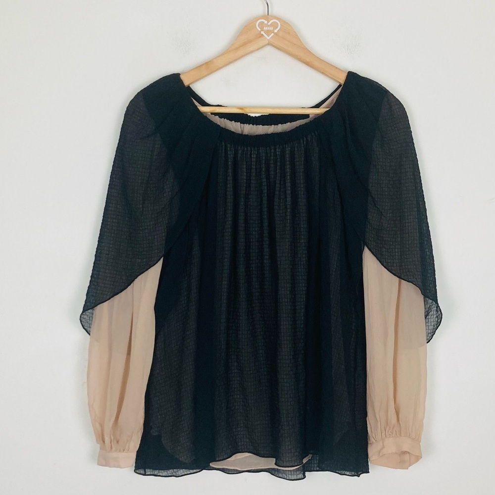 Thakoon nude balloon sleeve silk sheer top with sheer black textured overlay. 6